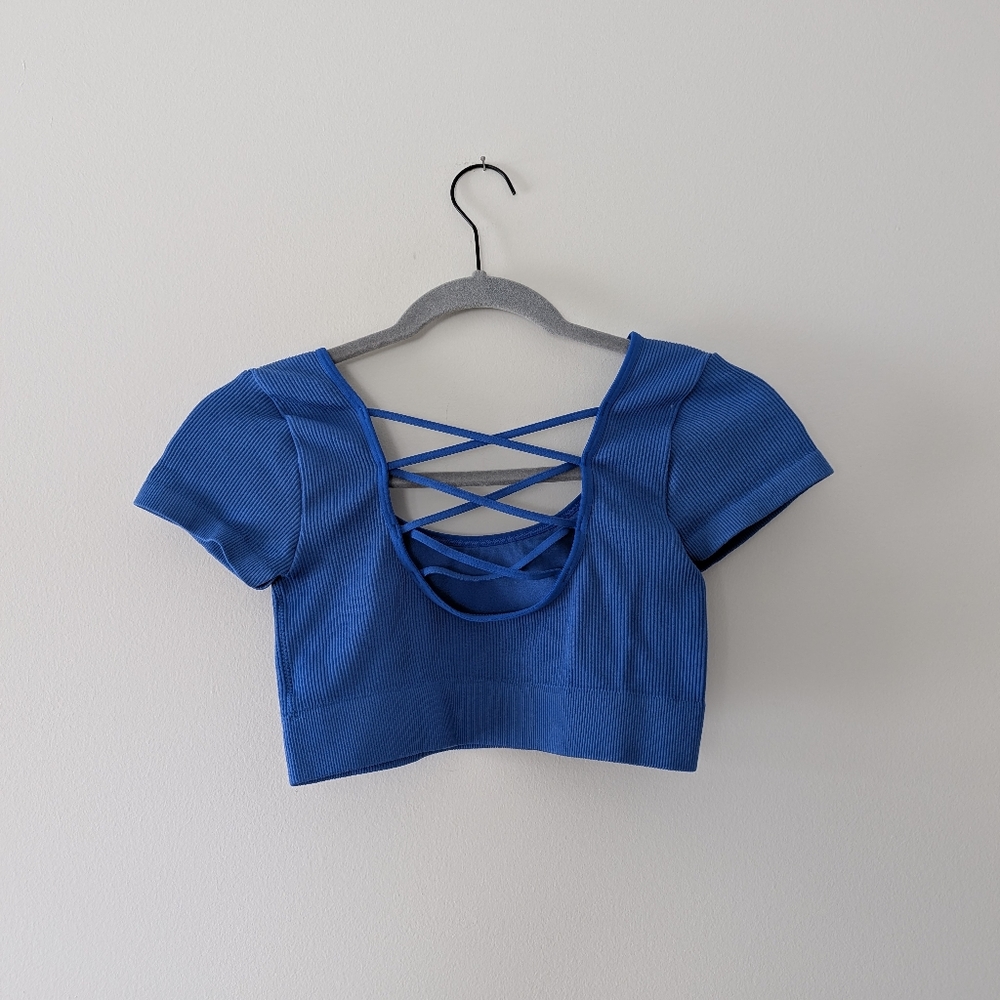 Aerie Seamless Cap Sleeve Bra Top Real Good Strappy Criss Cross Ribbed - Picture 3 of 8